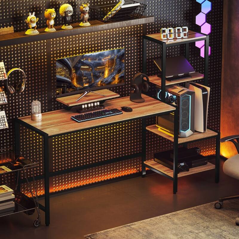 Angle. Anysun - 66.9" Computer Desk with Reversible 4-Tier Shelf & Monitor Stand, Industrial Writing Desk for Study Room or Office - Brown.