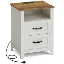 Songmics Home - Farmhouse Nightstand with Charging Station, Bedside Table, Side Table with 2 Drawers, Open Compartment, for Bedroom - Rustic White and Honey Brown