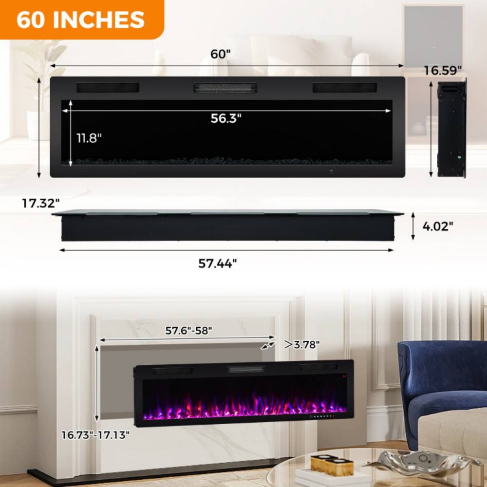 60 INCHES

- Width: 60"
- Depth: 17.32"
- Height: 16.59"
- Screen Width: 56.3"
- Screen Height: 11.8"
- Bottom Depth: 4.02"
- Overall Width: 57.44"
- Overall Depth: 57.6"-58"
- Overall Height: 16.73"-17.13"
- Clearance: >3.78"