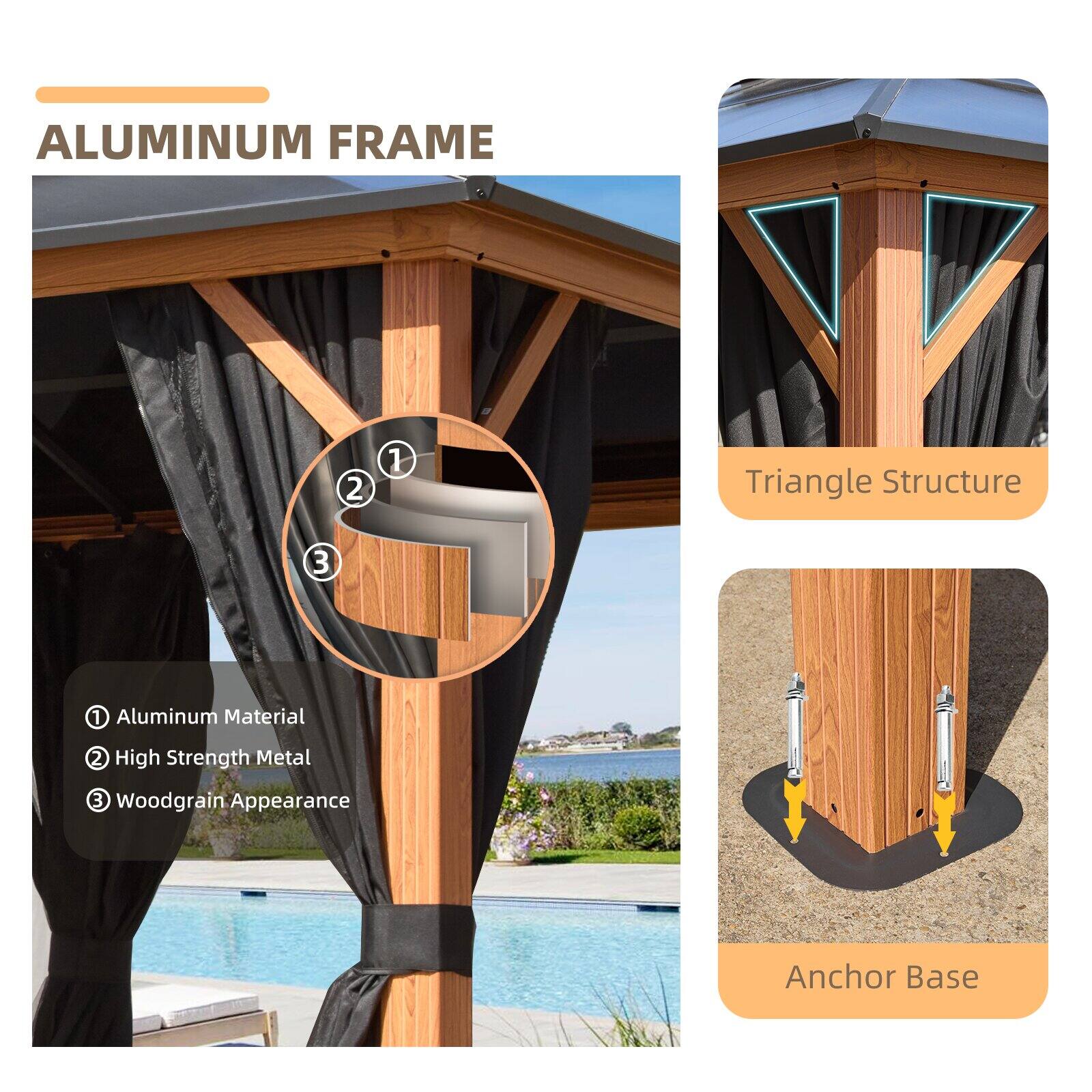 ALUMINUM FRAME
1. Aluminum Material
2. High Strength Metal
3. Woodgrain Appearance

Triangle Structure

Anchor Base