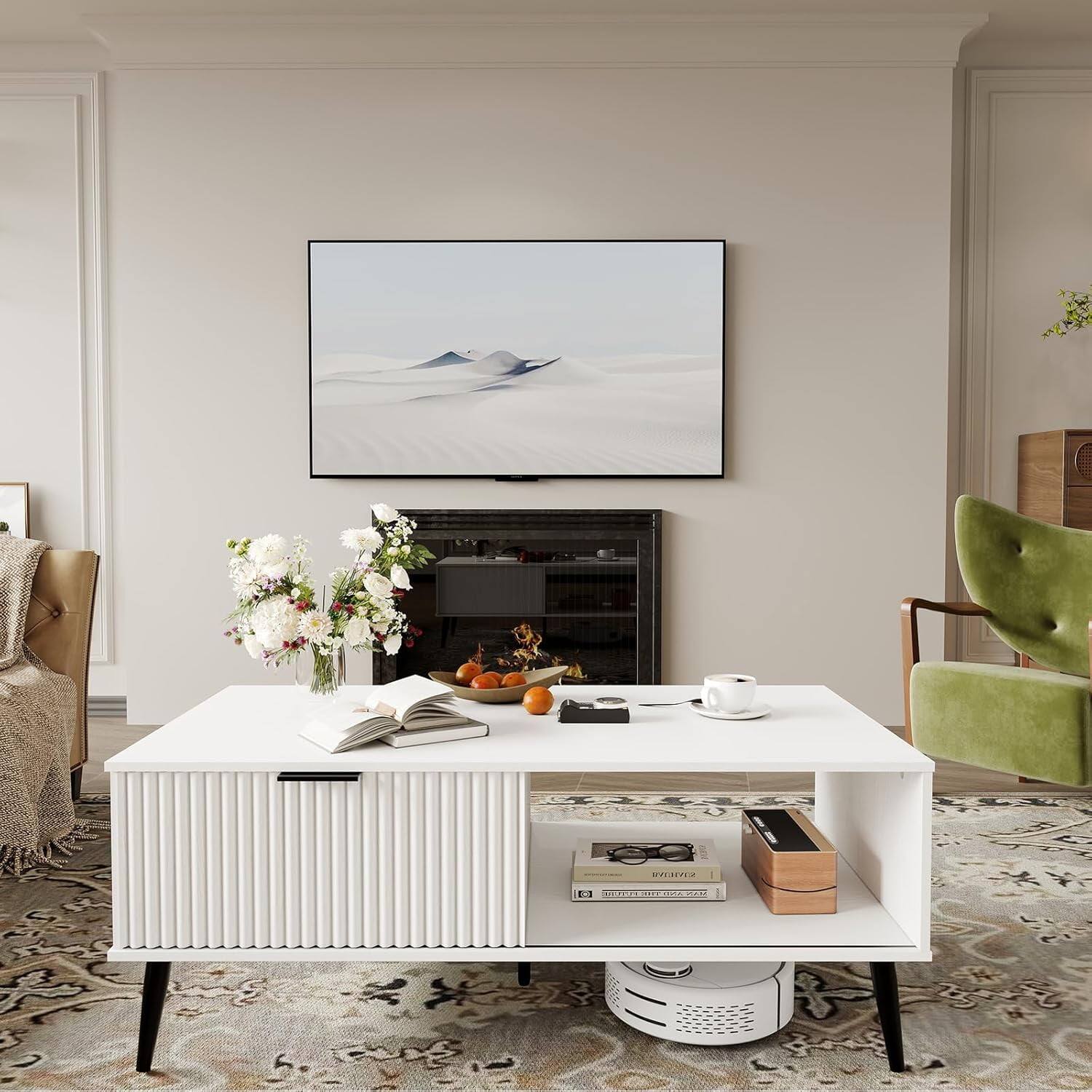 Alt View 7. Acekool - Storage Cabinet 2-Tier Wooden Coffee Table with Sliding Door for Living Room, Hallway, Entryway - White.