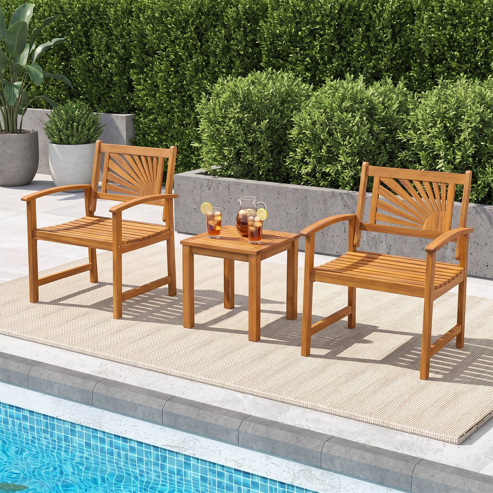 Alt View 4. Costway - Costway 3-Piece Patio Acacia Wood Bistro Set with 2 Slatted Armchairs & Square Coffee Table - Natural.