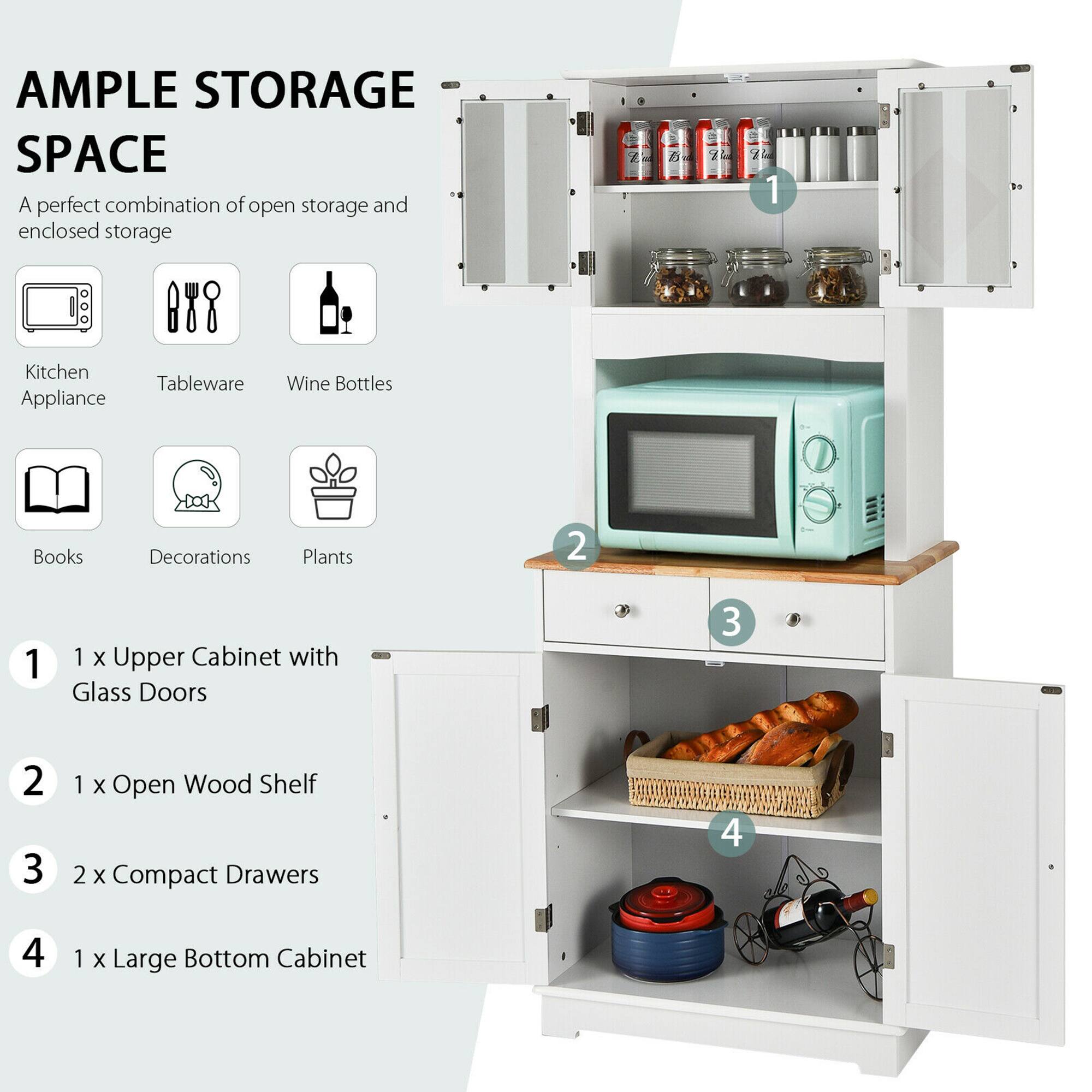 AMPLE STORAGE SPACE
A perfect combination of open storage and enclosed storage

Kitchen Appliance
Tableware
Wine Bottles
Books
Decorations
Plants

1 x Upper Cabinet with Glass Doors
1 x Open Wood Shelf
2 x Compact Drawers
1 x Large Bottom Cabinet
