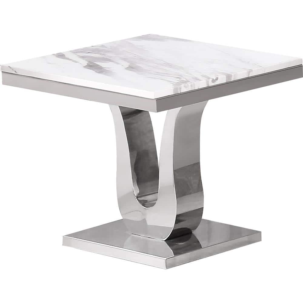 Best Quality Furniture - Marble Top End Table with Stainless Steel Base - White