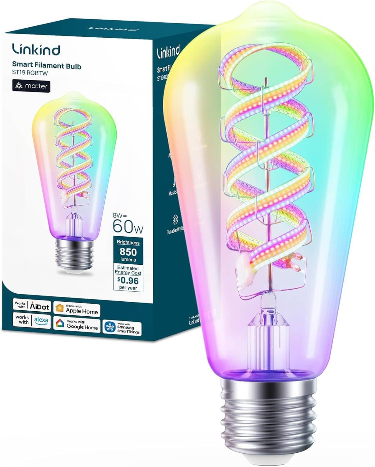 Linkind - ST19/ST58 Smart LED Bulb Matter Compatible, Color Changing (1-Pack) - Multicolor