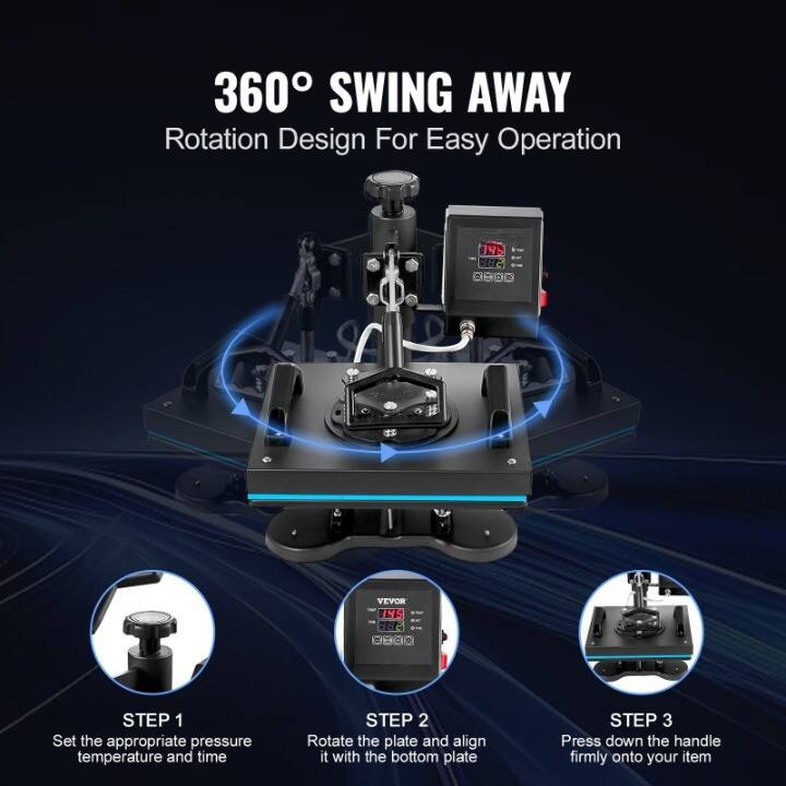 360° SWING AWAY  
Rotation Design For Easy Operation  

STEP 1  
Set the appropriate pressure temperature and time  

STEP 2  
Rotate the plate and align it with the bottom plate  

STEP 3  
Press down the handle firmly onto your item