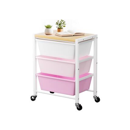 Front. JETRANSPORT - Rolling Cart With 5 Drawers Plastic Drawer Storage Carts Wheels & Wooden Tabletop Metal Utility - Bright Pink 3-Drawer.