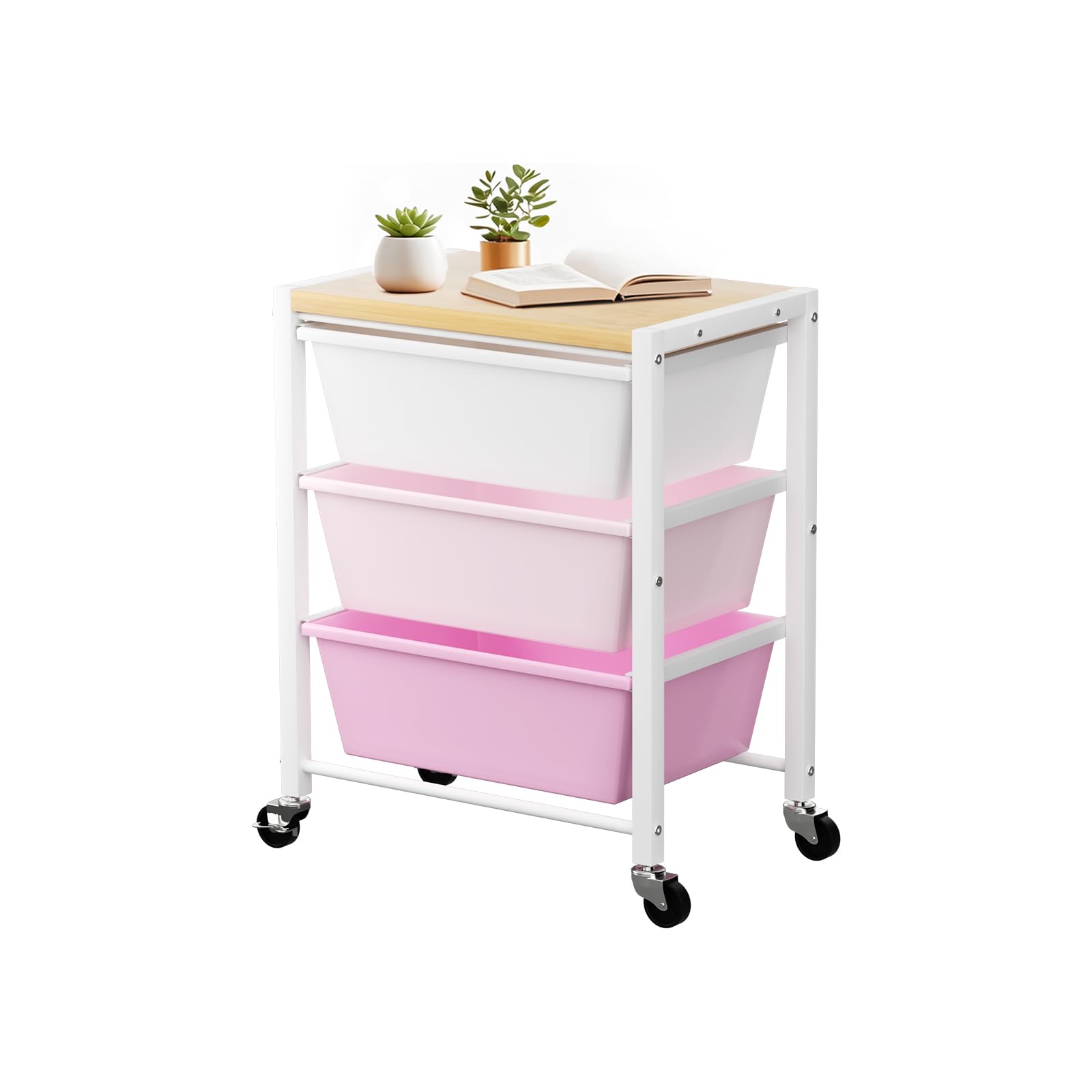 Front. JETRANSPORT - Rolling Cart With 5 Drawers Plastic Drawer Storage Carts Wheels & Wooden Tabletop Metal Utility - Bright Pink 3-Drawer.