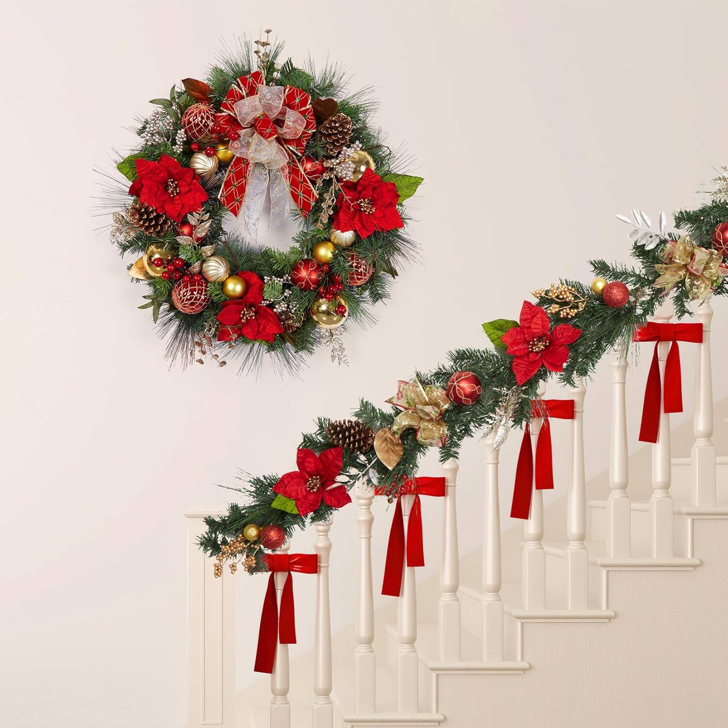 Alt View 1. GARVEE - 30 Inch Christmas Wreath with Lights, Lighted Large Outdoor Christmas Door Wreath with 40 Battery Operated LED Lights - Green.