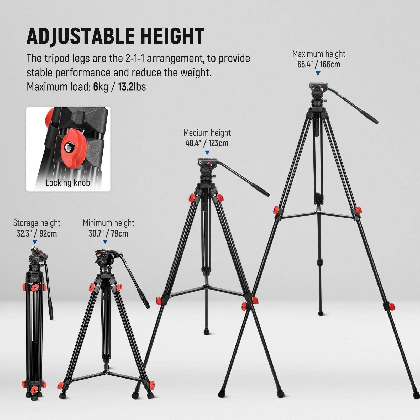 ADJUSTABLE HEIGHT

The tripod legs are the 2-1-1 arrangement, to provide stable performance and reduce the weight. Maximum load: 6kg / 13.2lbs

Maximum height: 65.4" / 166cm  
Medium height: 48.4" / 123cm  
Storage height: 32.3" / 82cm  
Minimum height: 30.7" / 78cm