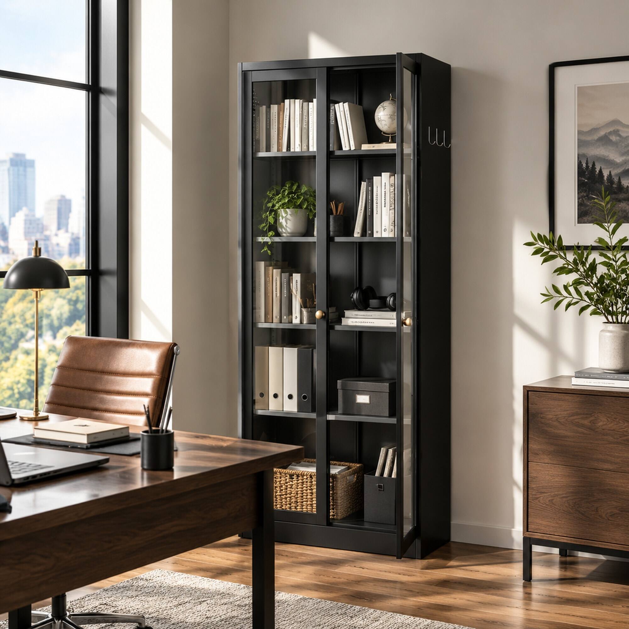 Left. RYHNUYNE - Freestanding 72 Inch Metal Kitchen Pantry Cabinet with 5 Adjustable Shelves, Tall Storage for Pantry, Black - Black.
