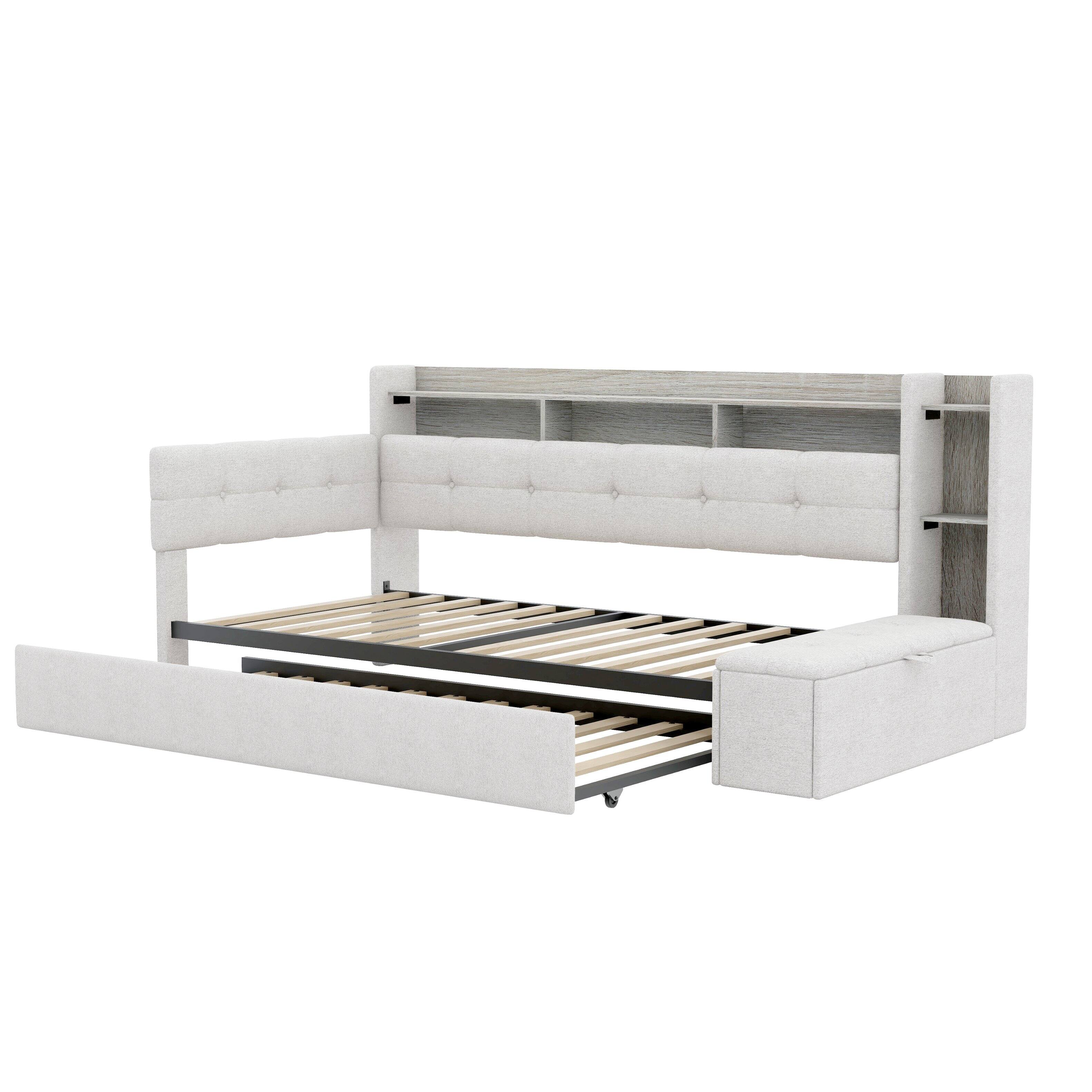 Angle. Whisen - Twin Size Upholstered Daybed with Trundle, Storage Shelves, LED Light & USB Charging Station - Beige.