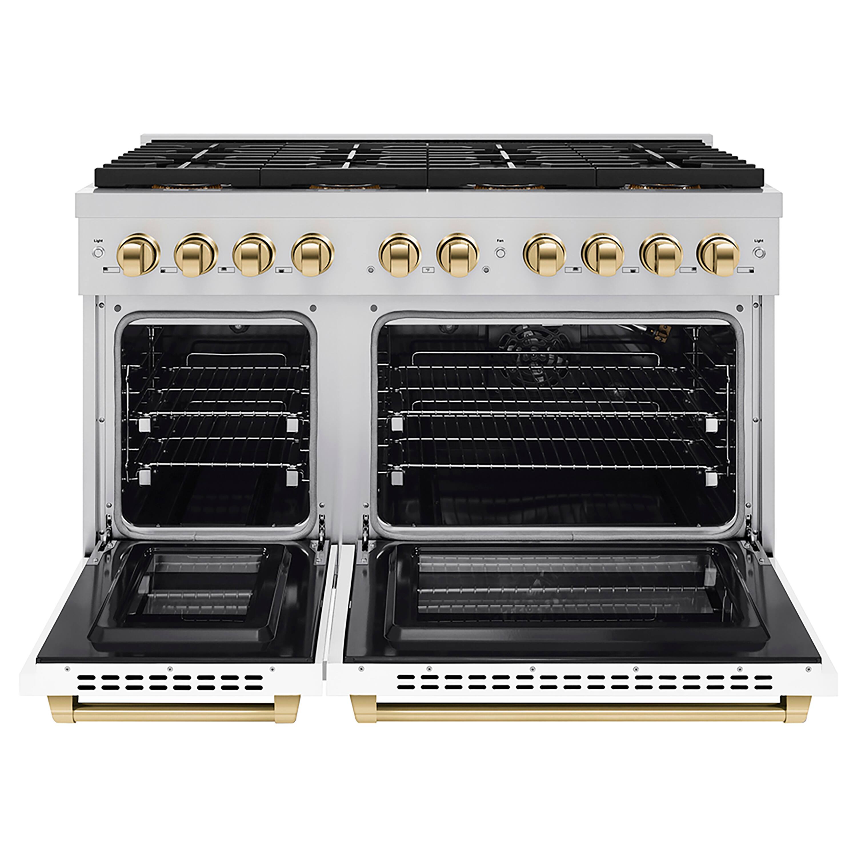 Angle. ZLINE - ZLINE Autograph 48 in. Paramount Gas Range with 8 DuoPro Burners & White Doors w/ Gold Accents (PSGRZ-WM-48-G) - Stainless Steel with White Matte Door.