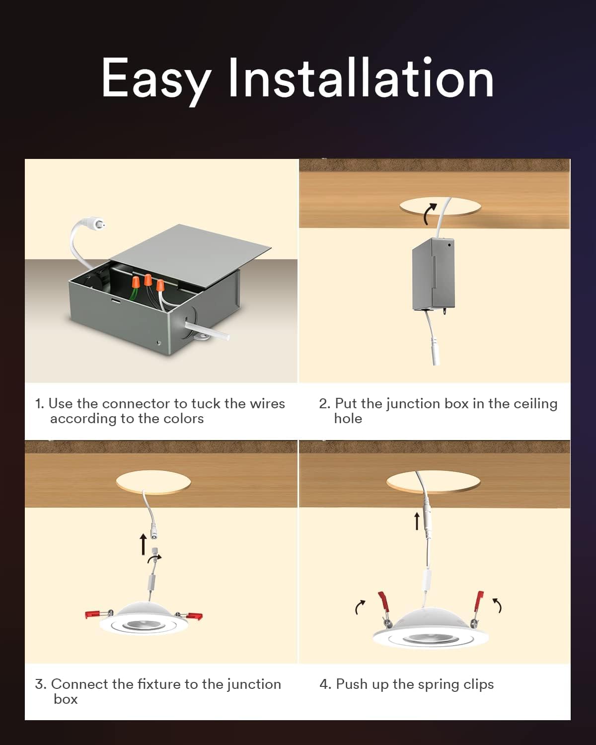 Easy Installation

1. Use the connector to tuck the wires according to the colors
2. Put the junction box in the ceiling hole
3. Connect the fixture to the junction box
4. Push up the spring clips