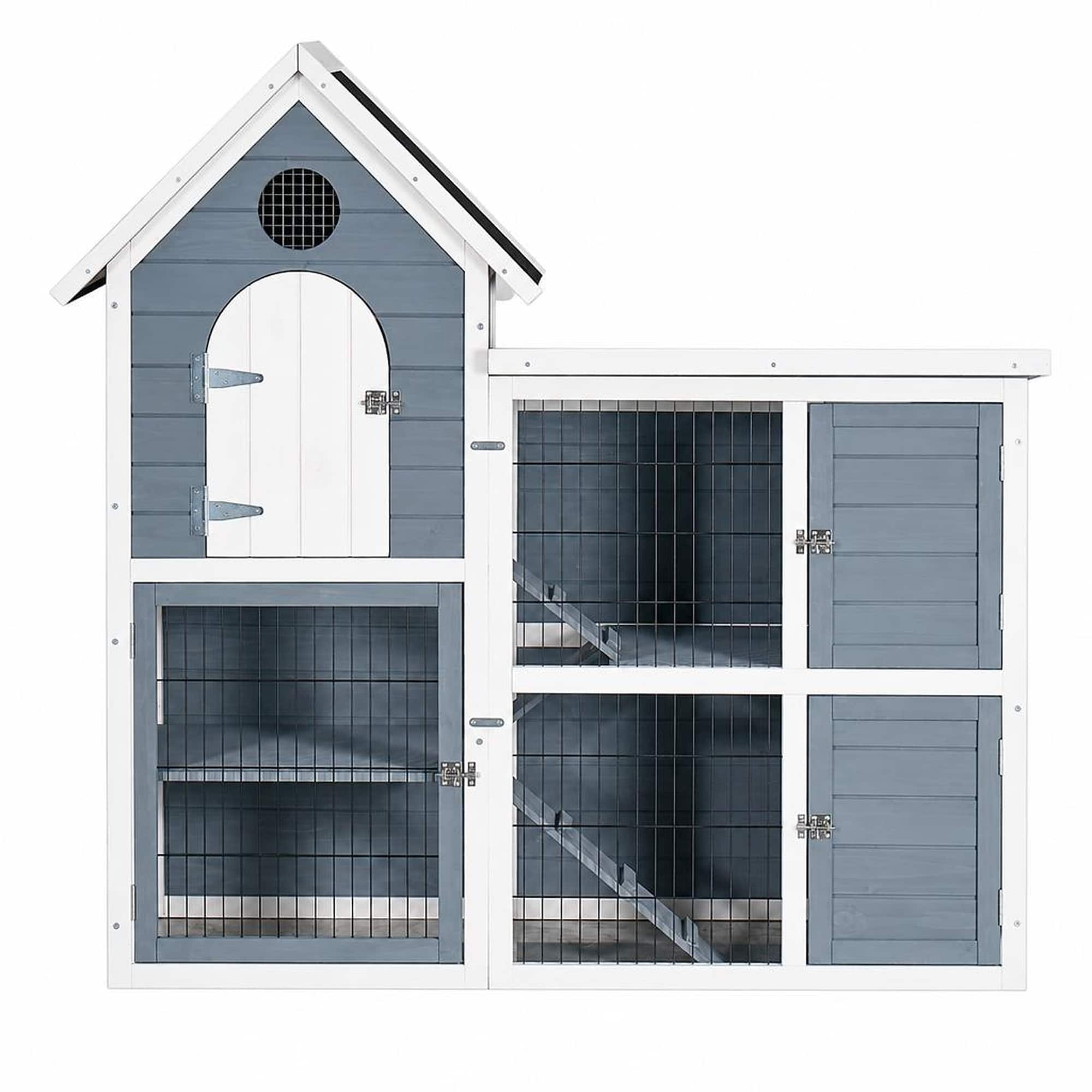 RYHNUYNE - Large Outdoor Chicken Coop, 2-Story Wooden Rabbit Hutch, Weatherproof Pet House, Grey and Blue, 50.98 in L
