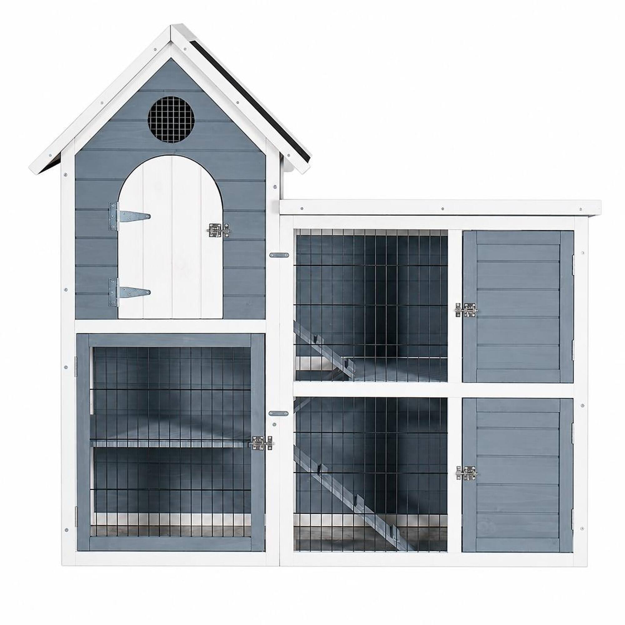 Front. RYHNUYNE - Large Outdoor Chicken Coop, 2-Story Wooden Rabbit Hutch, Weatherproof Pet House, Grey and Blue, 50.98 in L.