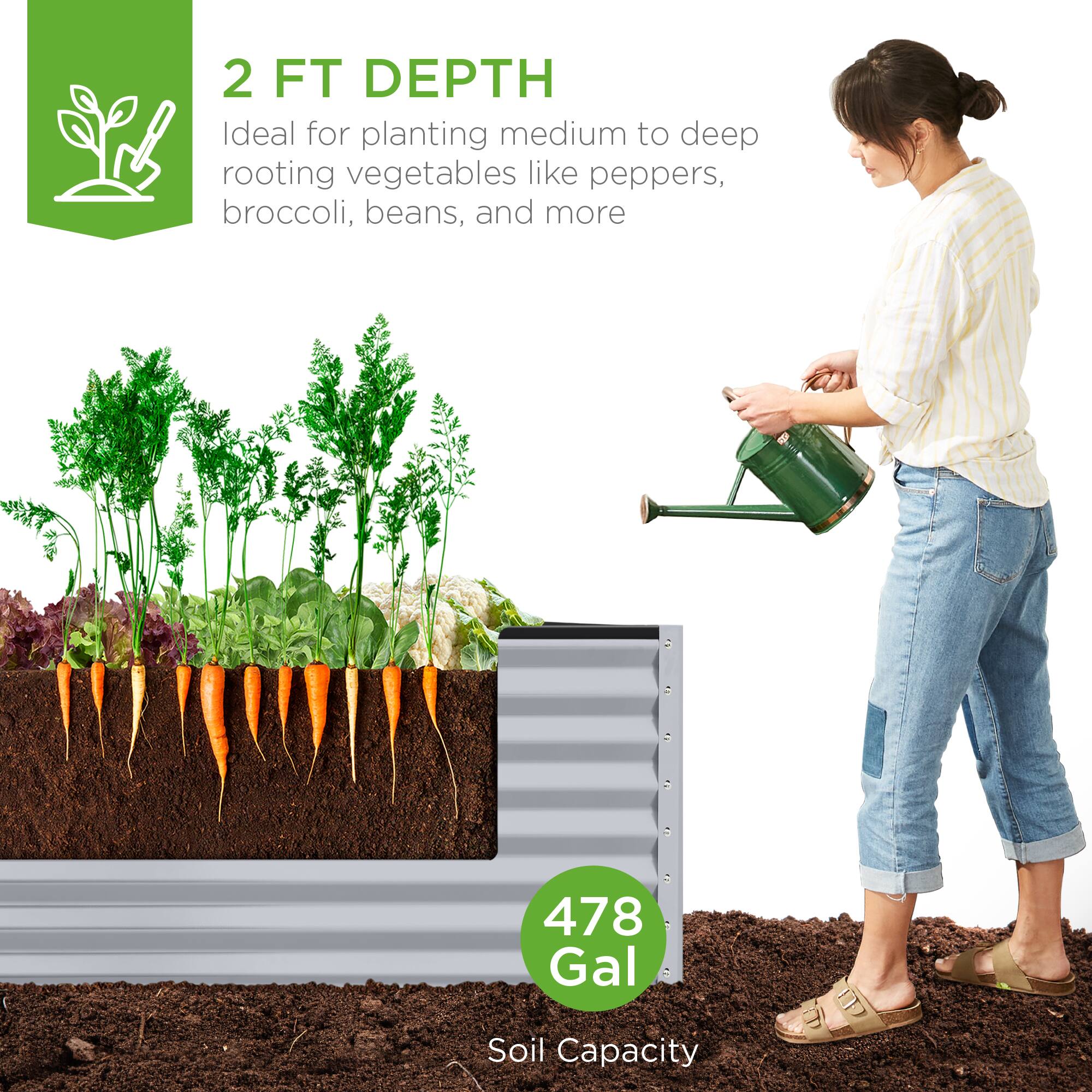 2 FT DEPTH  
Ideal for planting medium to deep rooting vegetables like peppers, broccoli, beans, and more  

478 Gal Soil Capacity