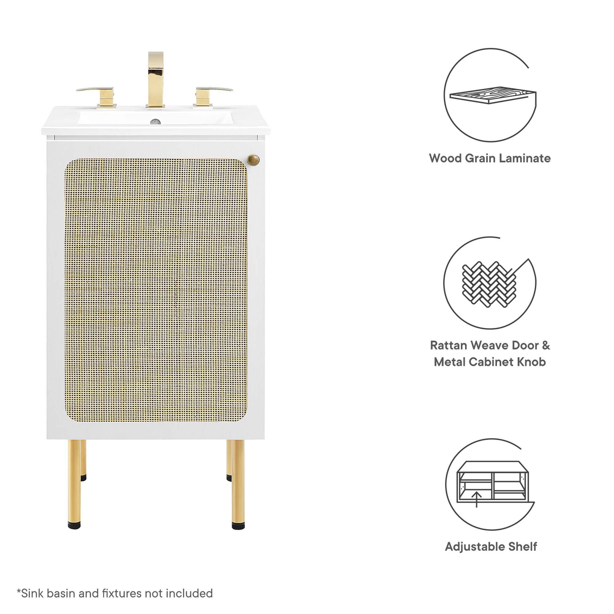 Wood Grain Laminate Rattan Weave Door & Metal Cabinet Knob Adjustable Shelf  
*Sink basin and fixtures not included