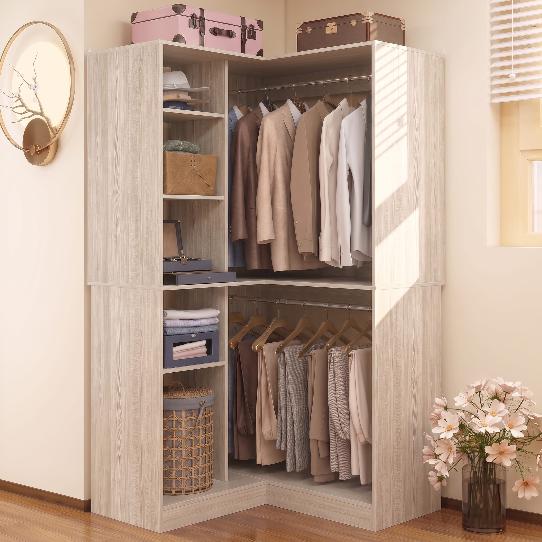Front. Aheaplus - 36"Corner Closet Organizer: Freestanding System With 2 Rods & 8 Shelves (36"W x 16"D x 80"H) - White Oak.