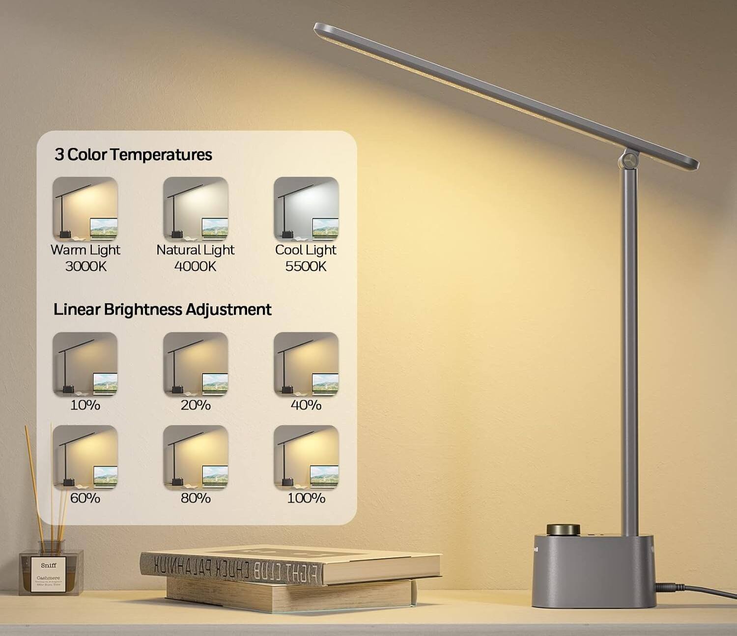 3 Color Temperatures  
Warm Light 3000K  
Natural Light 4000K  
Cool Light 5500K  

Linear Brightness Adjustment  
10% 20% 40% 60% 80% 100%