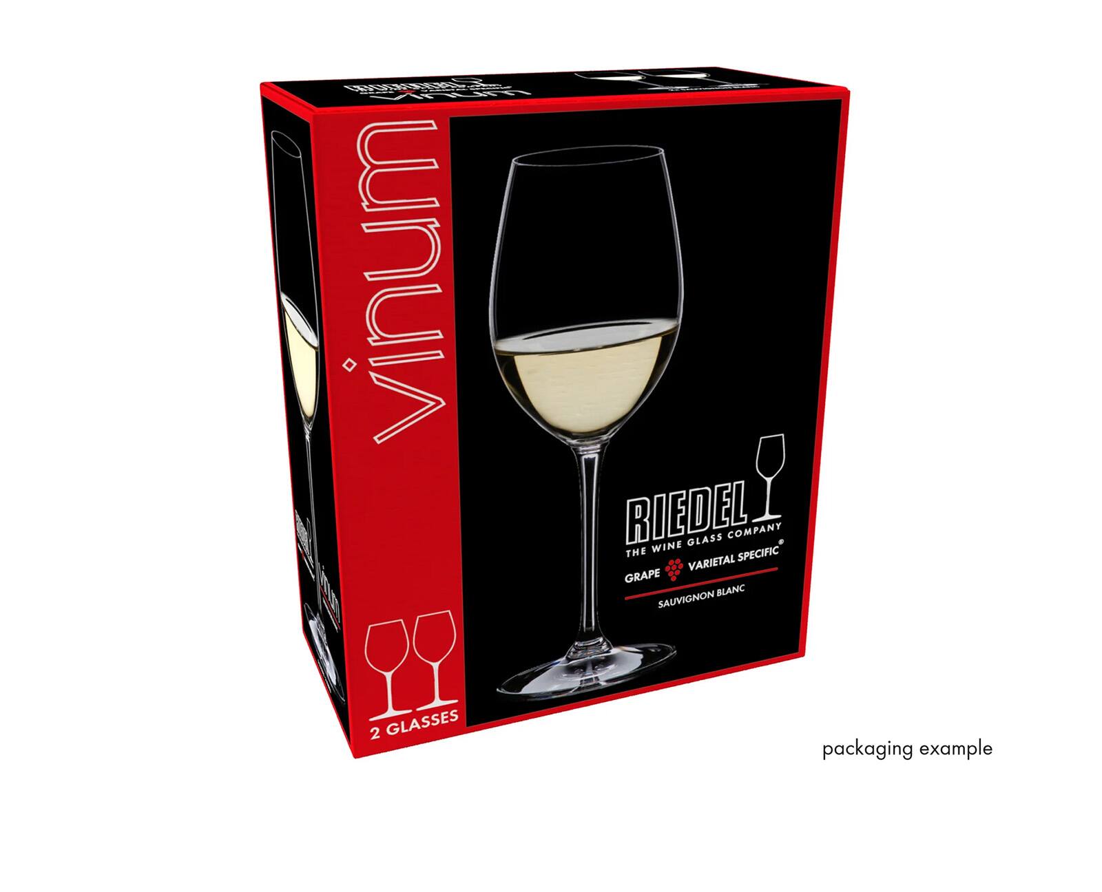 Vinum Muni  
RIEDEL GLASS COMPANY  
THE WINE SPECIFIC VARIETAL GRAPE  
BLANC SAUVIGNON  
2 GLASSES  
packaging example