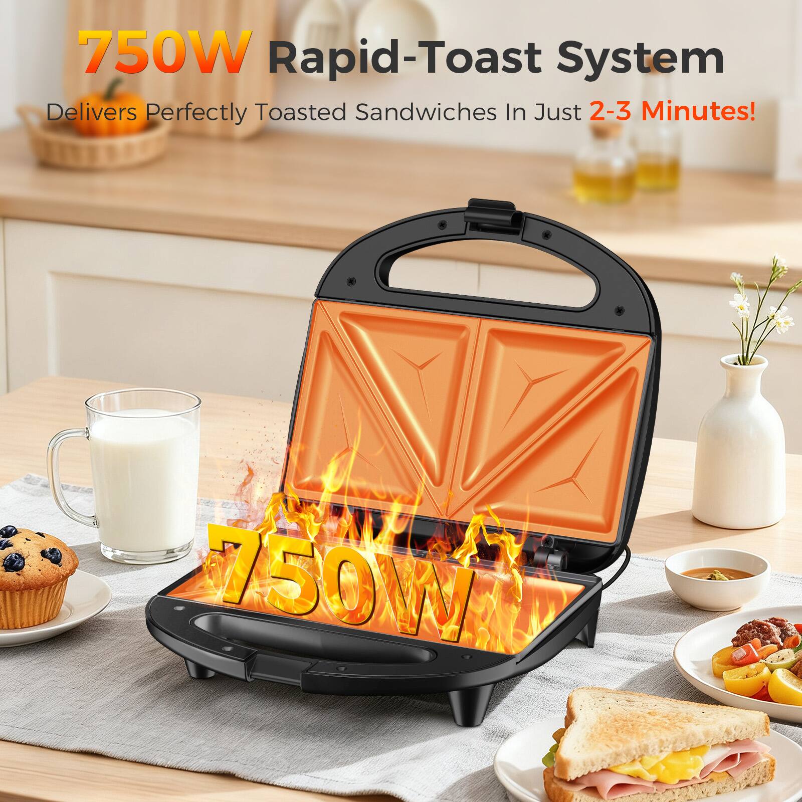 750W Rapid-Toast System  
Delivers Perfectly Toasted Sandwiches In Just 2-3 Minutes!