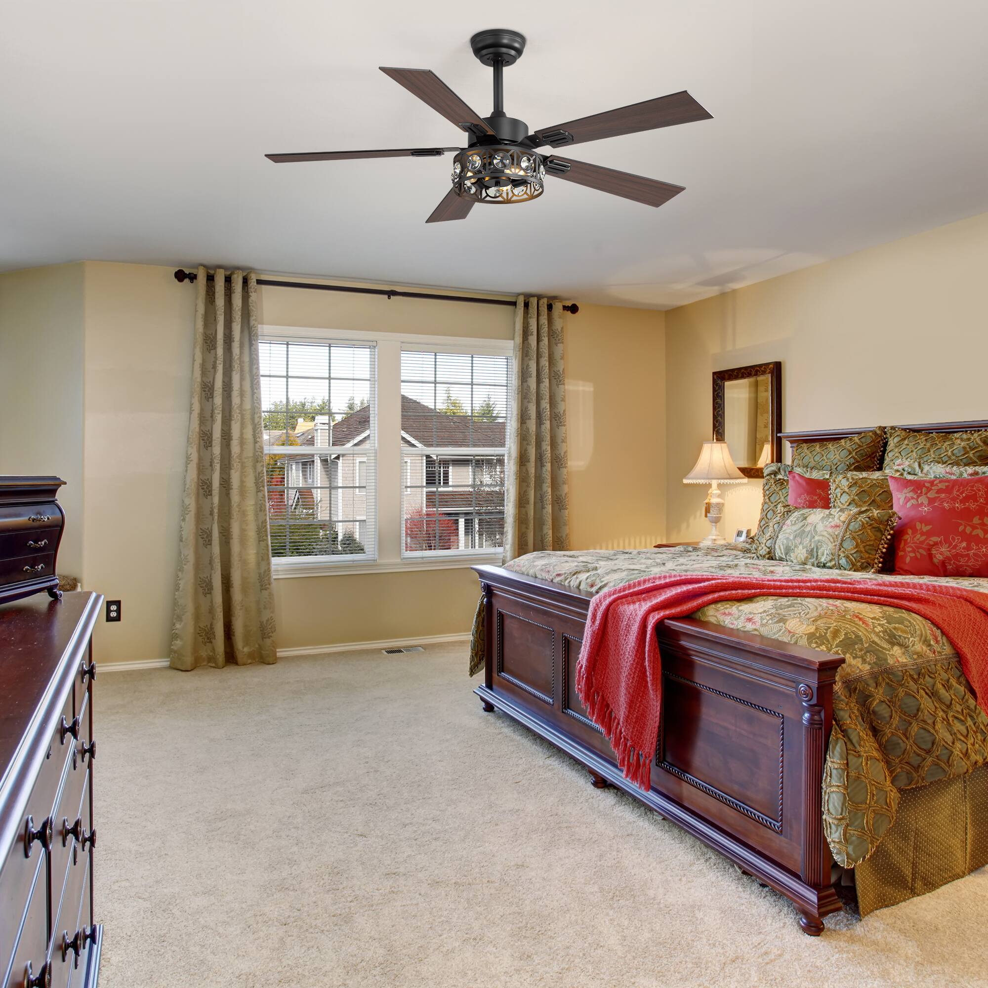 Alt View 2. Breezary - Breezary 48" Ceiling Fan with 5 Plywood Dual Finish Blades, 6 Speeds, DC Motor, 4''&8'' Downrods, Remote Control & Timer - Matte Black and Dark Wood Grain.