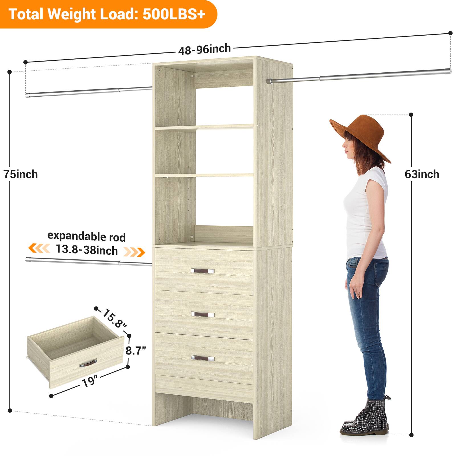 Total Weight Load: 500LBS+  
48-96inch  
75inch  
63inch  
expandable rod  
13.8-38inch  
15.8"  
8.7"  
19"