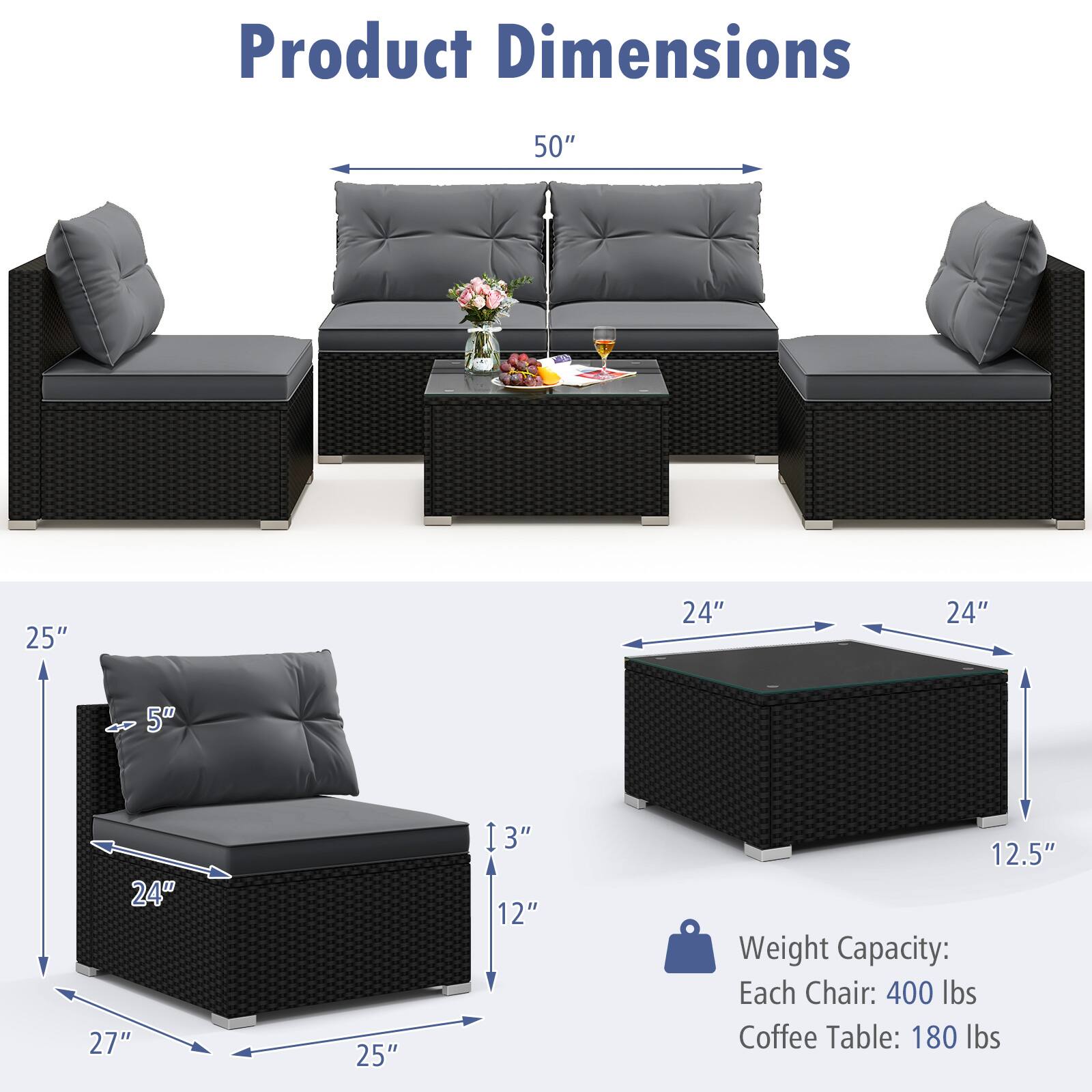 Product Dimensions: 50", 25", 24", 24", 5", 24", 27", 25", 12", 12.5"

Weight Capacity: Each Chair: 400 lbs, Coffee Table: 180 lbs