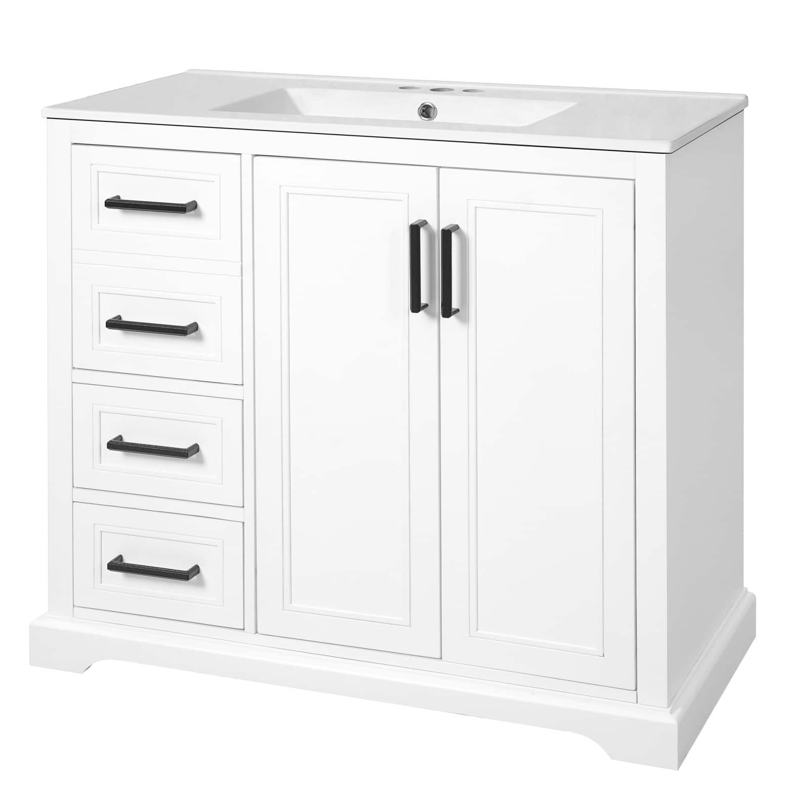Ecooso - 36" Bathroom Vanity with Ceramic Sink, 3 Drawers, Adjustable Shelf, Soft-Close Doors - White