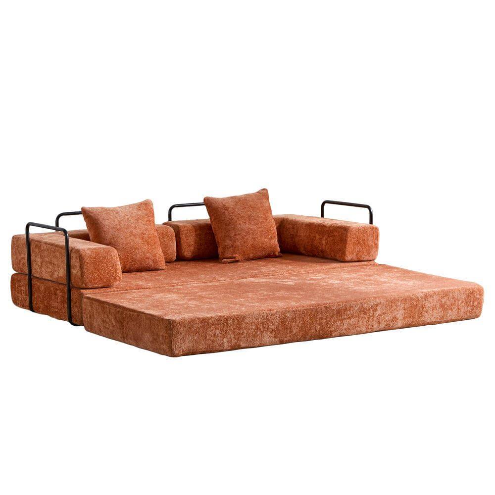 Alt View 7. Kadyn - Floor Couch Bed, Convertible Chenille Fabric Sofa with Pillow Back Support, Compression Lounge Sleeper, Orange - Orange.