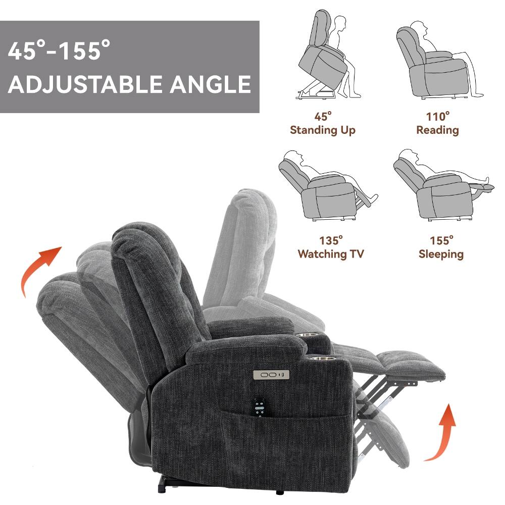 45°-155° ADJUSTABLE ANGLE

45° Standing Up
110° Reading
135° Watching TV
155° Sleeping