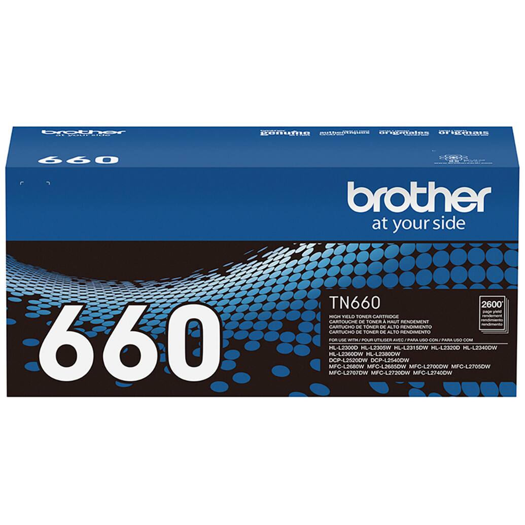 The text on the image is grouped and corrected as follows:

Brother CTi. LOnLTa s MDICRaIn M  660  brother at your side 660 TN660 2600 pae -int HIGH YIELD TONER CARTRIDGE nnmant - CARTOUCHE DE TONER A HAUT RENDEMENT mendmant CARTUCHO DE TONER DE ALTO RENDIMIENTO CARTUCHO DE TONER DE ALTO RENDIMENTO FOR USE WT POUR UTILISER AVEC PARA UsO CON/ PARA USO COM HL-L23000 HL-L2305W HL-L2315D soW HL-L23200 HL-L23400W HL-L23600W HL-L2380DW DCP-L25200W DCP-L2540DW MFC-L2680W MFC-L2685DW MFC-L2700DW MFG-L2705DW MFC-L2707DW MFC-L27200W MFC-L2740DW