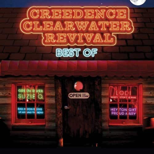 Sure, here is the corrected text:

**Top Sign:**
- CREEDENCE CLEARWATER REVIVAL
- BEST OF

**Left Window:**
- GREEN RIVER
- SUZIE Q
- BAD MOON RISING
- UP AROUND THE BEND

**Right Window:**
- WHO'LL STOP THE RAIN
- HEY TONIGHT
- PURCUDDA ARY

**Door:**
- OPEN 11 AM