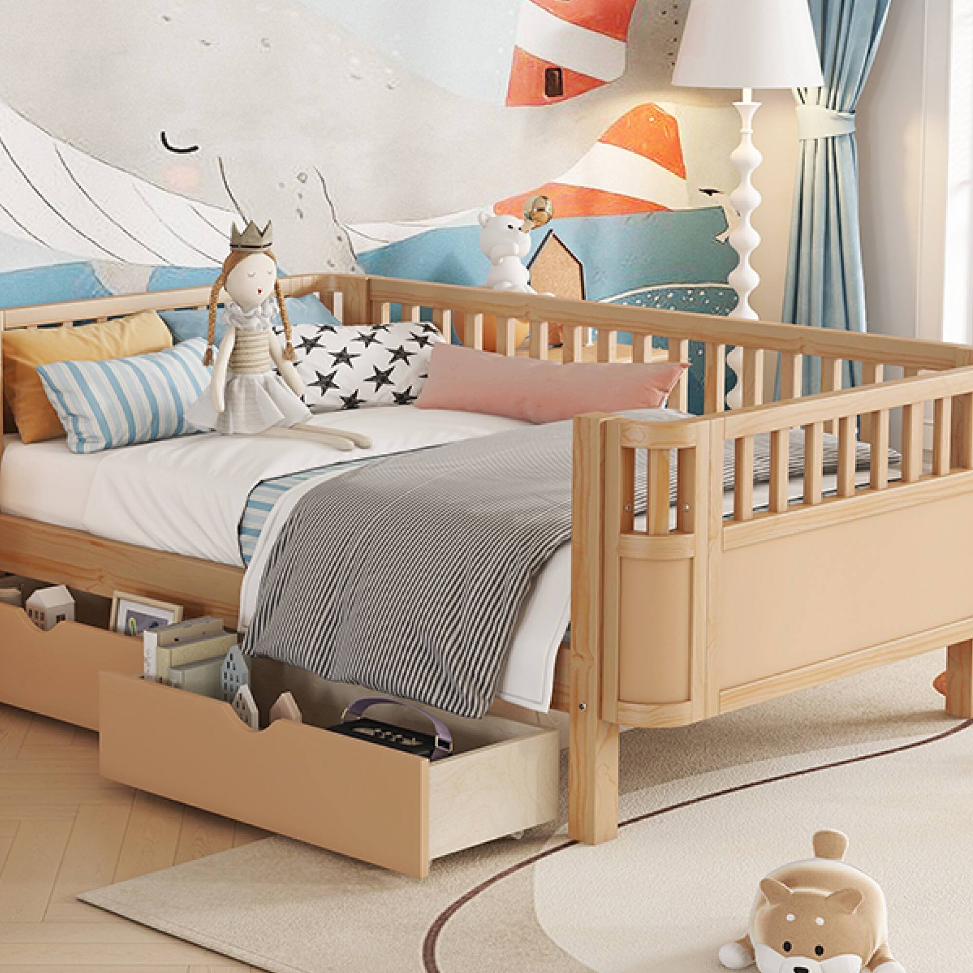 Alt View 7. GOODSILO - Twin Size Wood Platform Bed with Safety Rails for Kids, Low Profile Design with Storage Drawers and Modern Style - Natural.