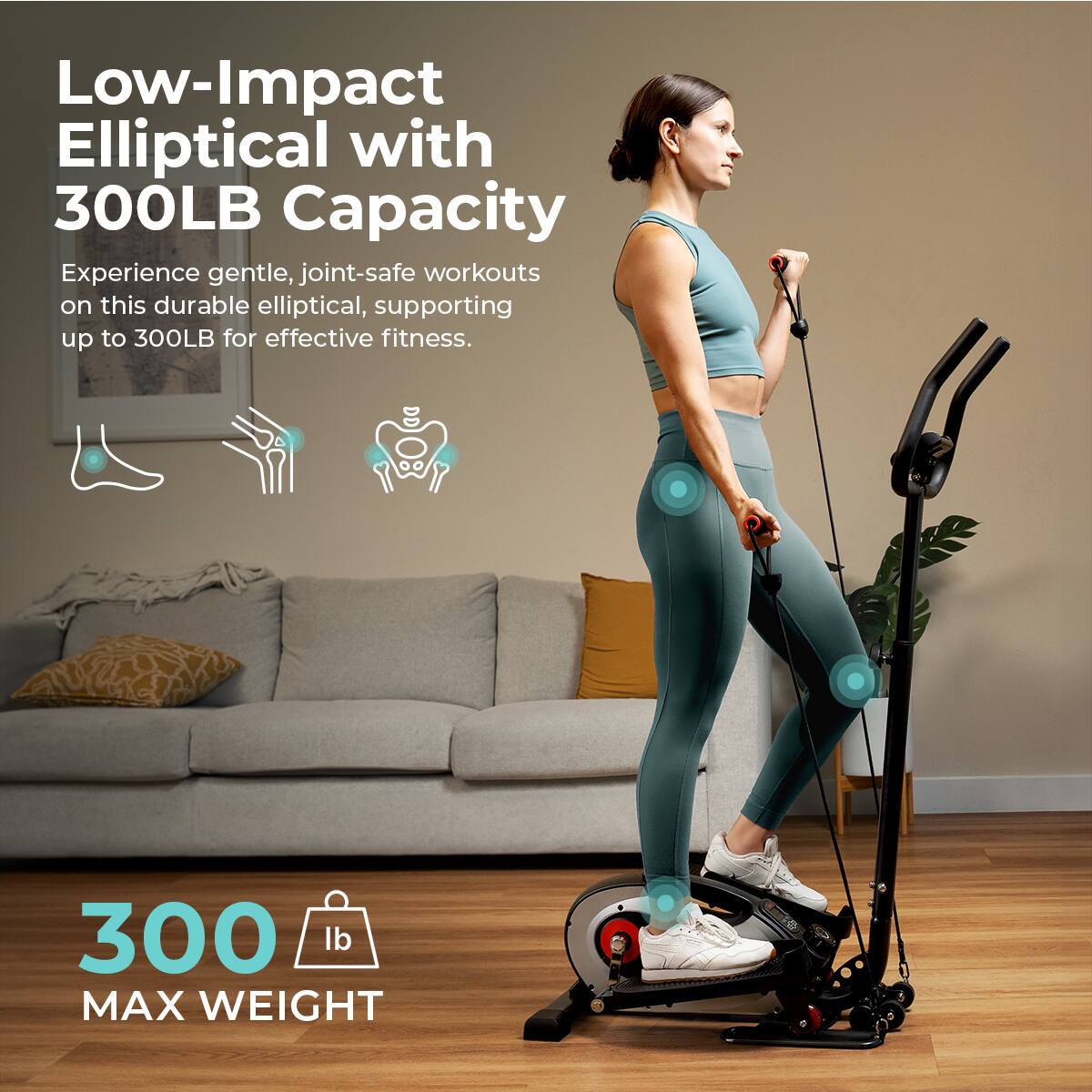 Low-Impact Elliptical with 300LB Capacity, Experience gentle, joint-safe workouts on this durable elliptical, supporting up to 300LB for effective fitness. 300 lb MAX WEIGHT.