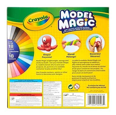 Crayola Model Magic  
Soft Modeling Material  
Pâte à Modeler Légère et Spongieuse  

Look for 18 colors!  
Collectionne les 18 couleurs!  

Shape!  
Model Magic is lightweight, spongy and sticks to itself—not your hands! Shape, mold it and air-dry to save your projects or put it in a re-sealable container to play another day!  
Faonne! Model Magic est léger, spongieux et adhère à lui-même sans coller à tes mains! Faonne-la, moule-la et laisse-la sécher pour conserver tes projets. Ou range-la dans un contenant réutilisable pour jouer un autre jour!  

Blend!  
Mélange!  
Use Crayola markers, paints or other items to decorate your designs.  
Sers-toi de marqueurs et de peinture Crayola ou d'autres objets pour enjoliver tes modèles.  

Decorate!  
Dorez!  

Contains No Wheat  
Ne contient pas de blé  

crayola.com  

AP  
71662 02601