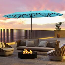 Costway - 13FT Double-sided Patio Umbrella with Solar Lights Crank Handle Umbrella Base - Turquoise