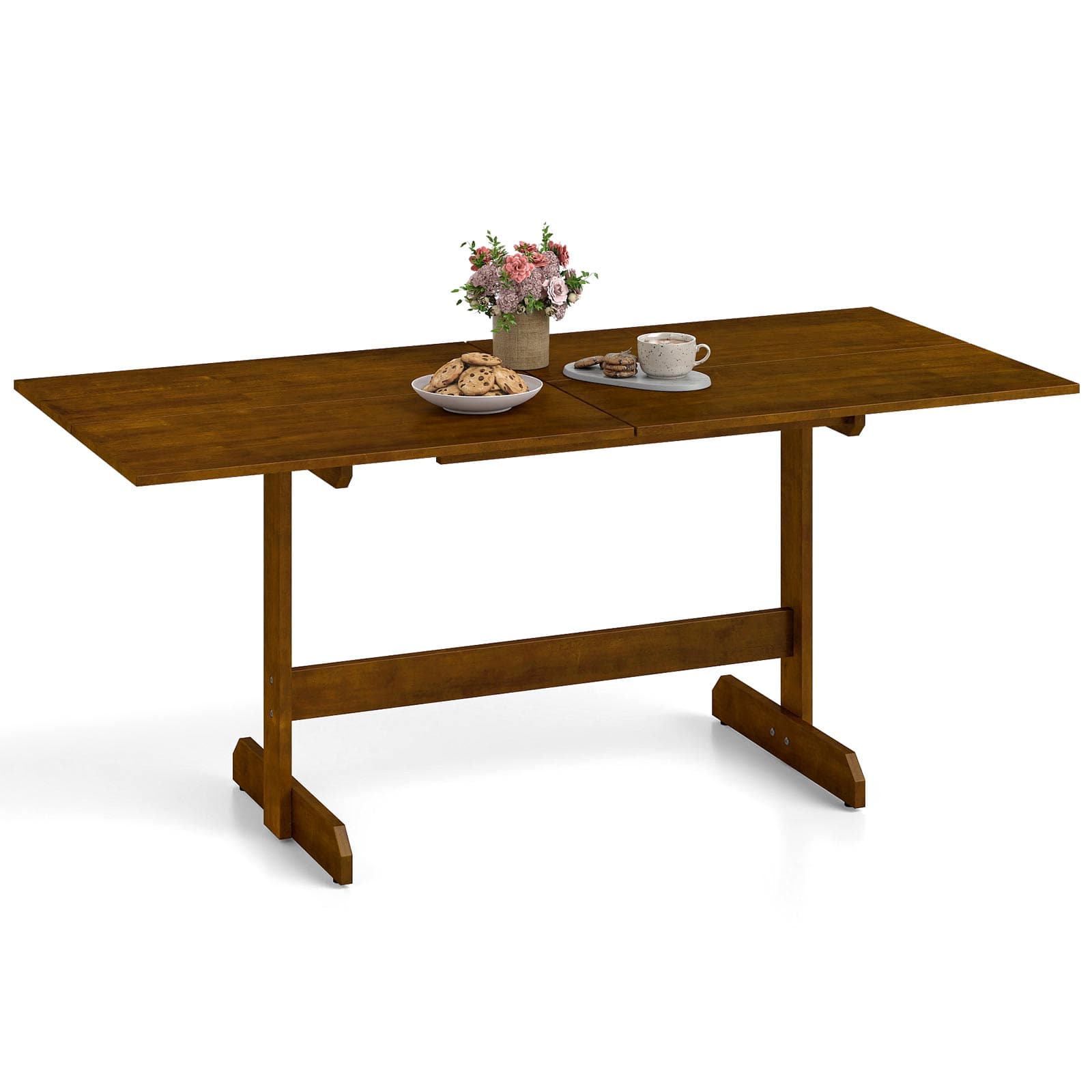 Gymax - 71'' Farmhouse Dining Table w/ Rubber Wood Legs Wood Grain Texture Tabletop - Walnut