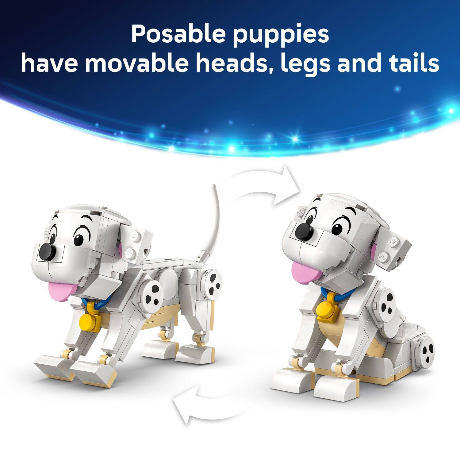 Posable puppies have movable heads, legs and tails.
