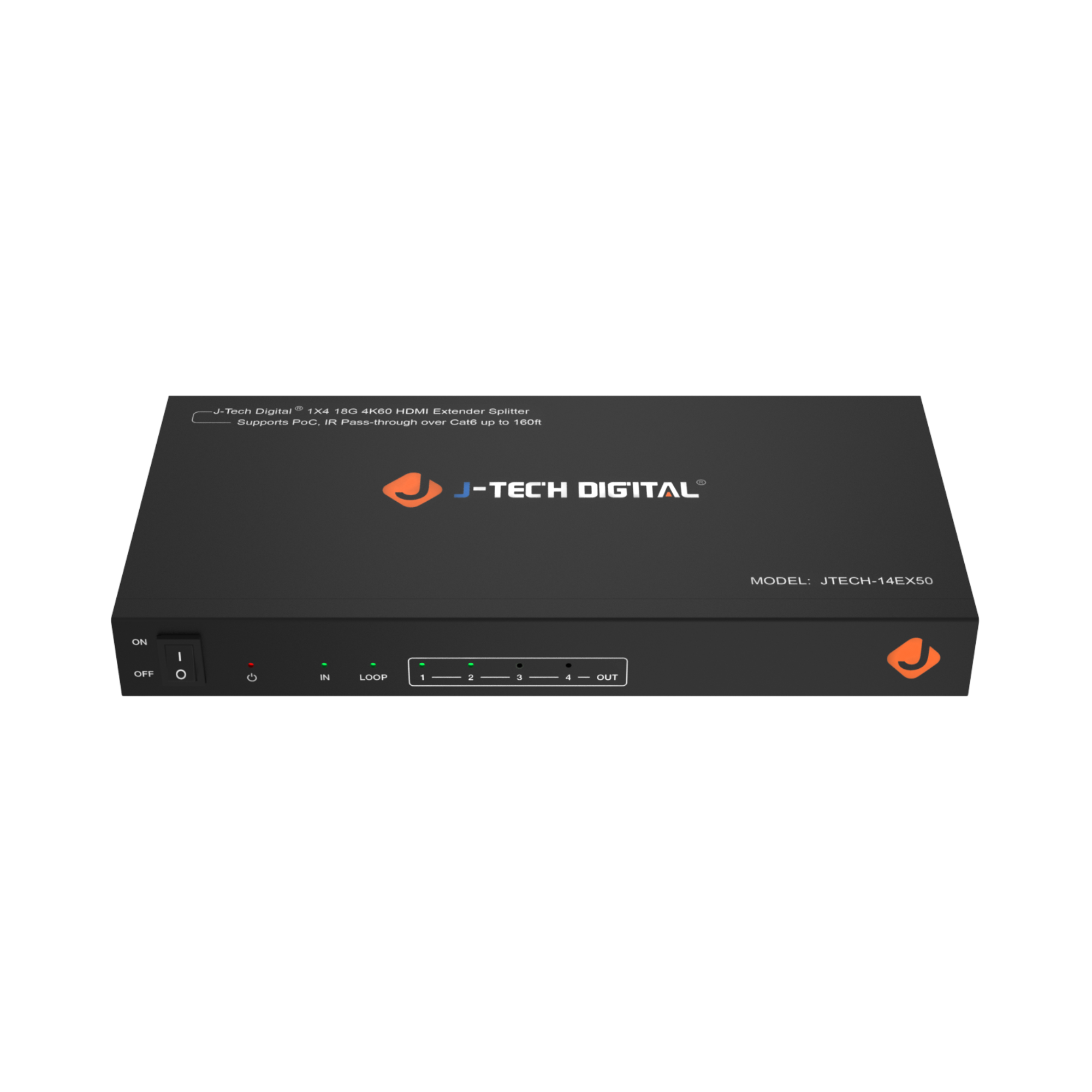 J-TECH DIGITAL 1x1x 4K20 HDMI Extender Splitter Digital PC, IR Pass-through over Cat5e up to 180m J-TECH DIGITAL MODEL: JTECH-14EX50 ON OFF IN LOOP 1 - 2 - 3 - 4 - OUT