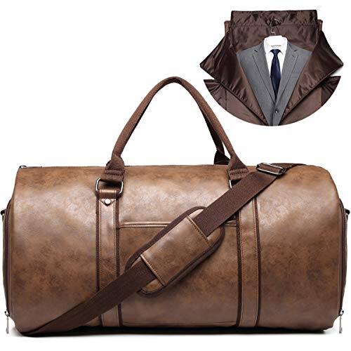 Front. DORLUKFU - Carry on Garment Bags for Travel Leather Garment Duffle Bag Convertible Mens Suit Travel Bags with Shoe - ‎Brown.