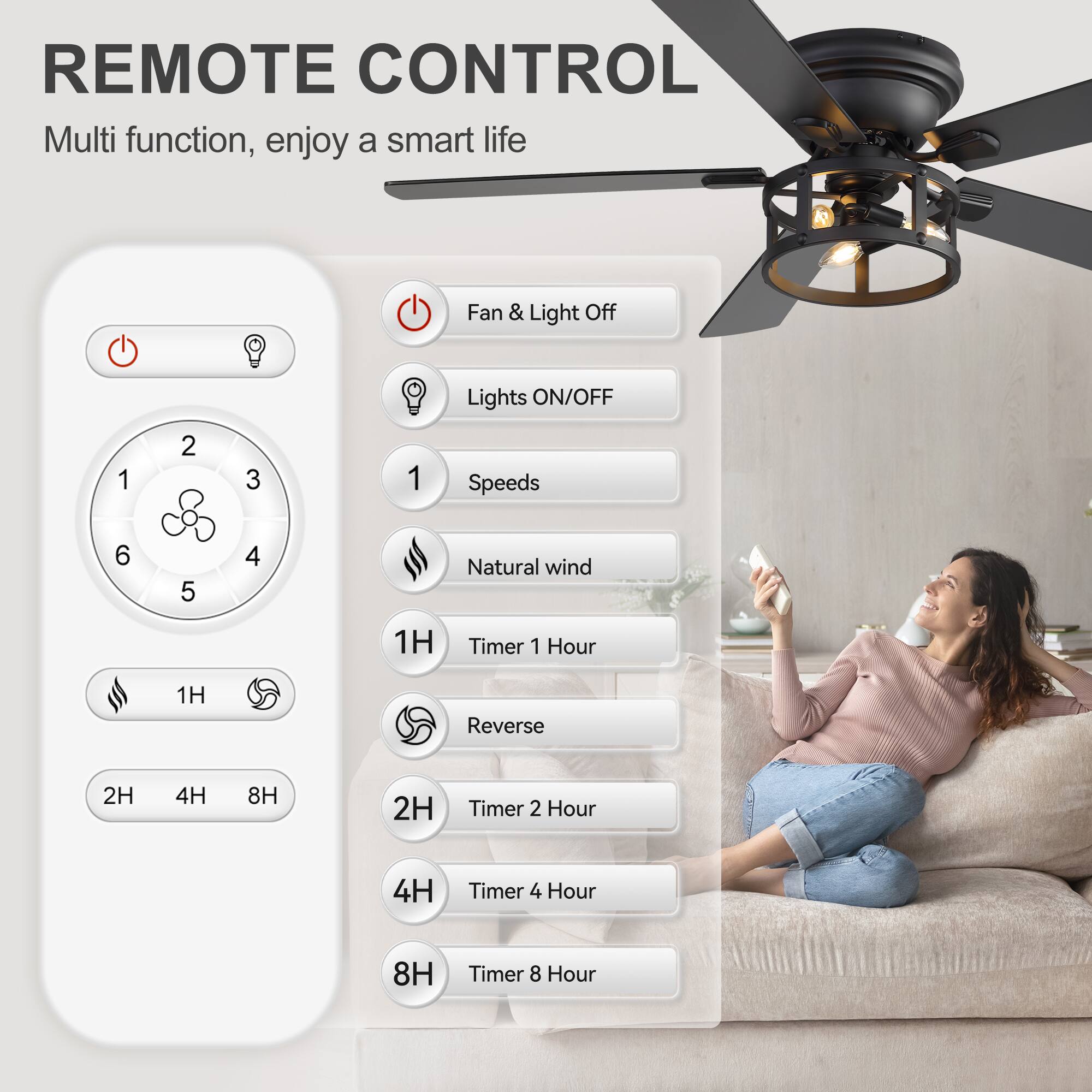 REMOTE CONTROL  
Multi function, enjoy a smart life  

- Fan & Light Off  
- Lights ON/OFF  
- 1 Speeds  
- 2 3 4 5 6 Natural wind  
- 1H Timer 1 Hour  
- Reverse 1H  
- 2H Timer 2 Hour  
- 4H Timer 4 Hour  
- 8H Timer 8 Hour