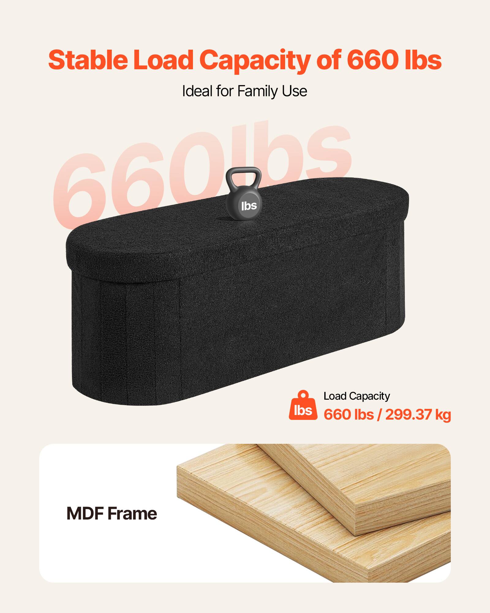 Stable Load Capacity of 660 lbs  
Ideal for Family Use  

660 lbs / 299.37 kg  

MDF Frame