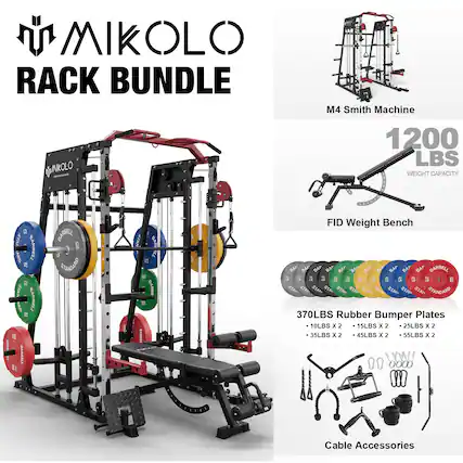 MIKOLO RACK BUNDLE
M4 Smith Machine 1200 LBS WEIGHT CAPACITY
FID Weight Bench
370LBS Rubber Bumper Plates
10LBS x 2
15LBS x 2
25LBS x 2
35LBS x 2
45LBS x 2
55LBS x 2
Cable Accessories