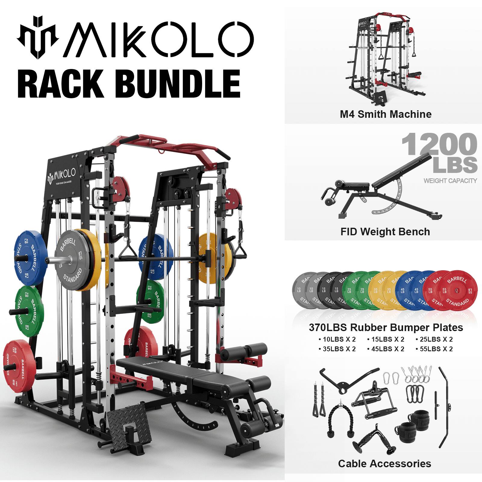 Mikolo - Smith Machine, 2200 lbs Power Rack Cage,Power Rack with 800LB Capacity Weight Bench and 370 lbs Weight Plate - Red