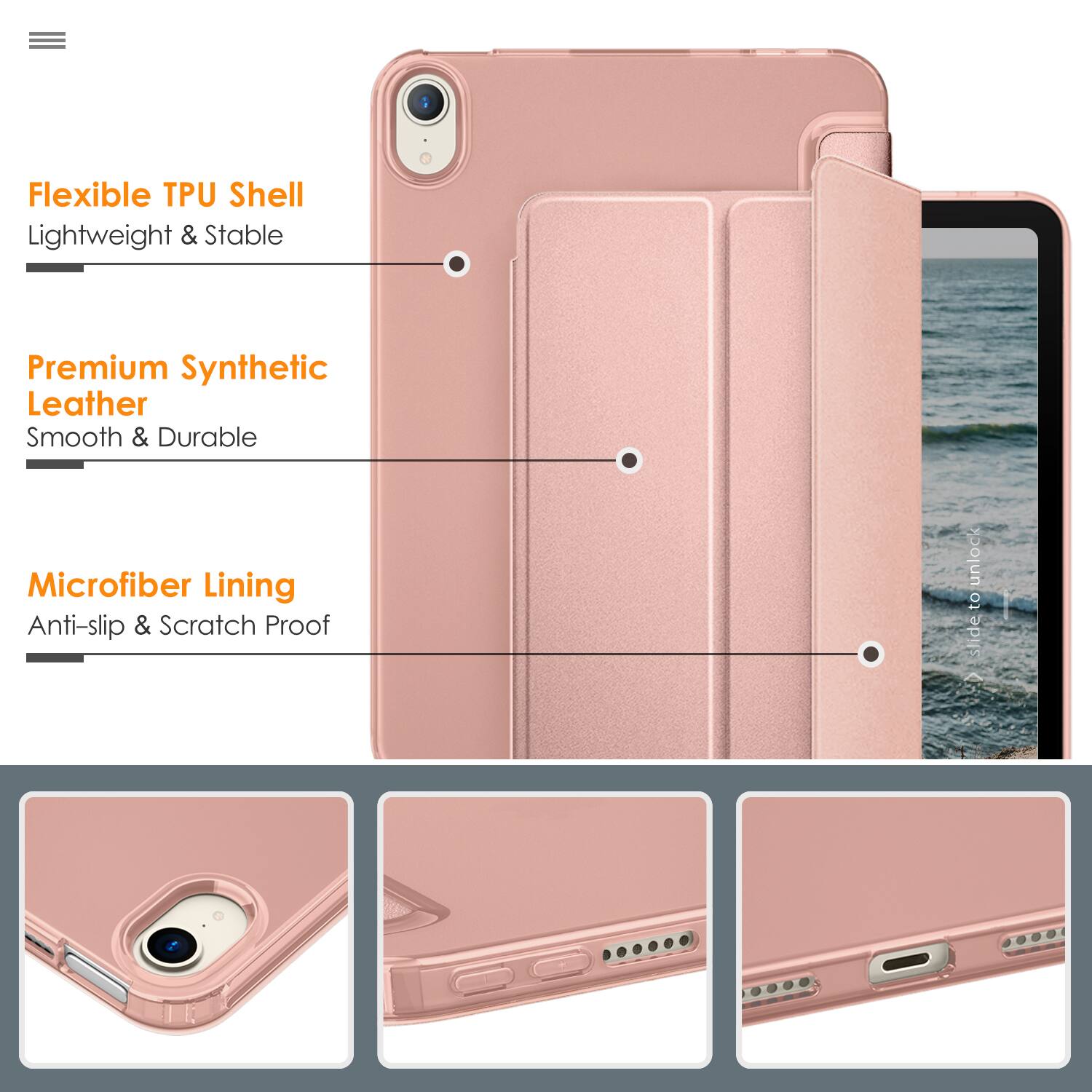 Flexible TPU Shell  
Lightweight & Stable  

Premium Synthetic Leather  
Smooth & Durable  

Microfiber Lining  
Anti-slip & Scratch Proof