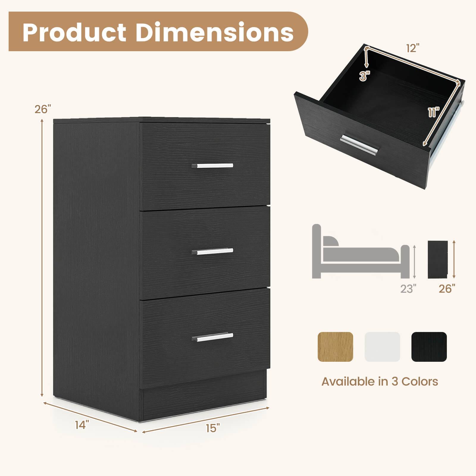 Product Dimensions

- Height: 26"
- Width: 14"
- Depth: 15"
- Drawer 1: 12" x 3" x 11"
- Drawer 2: 23" x 26"

Available in 3 Colors