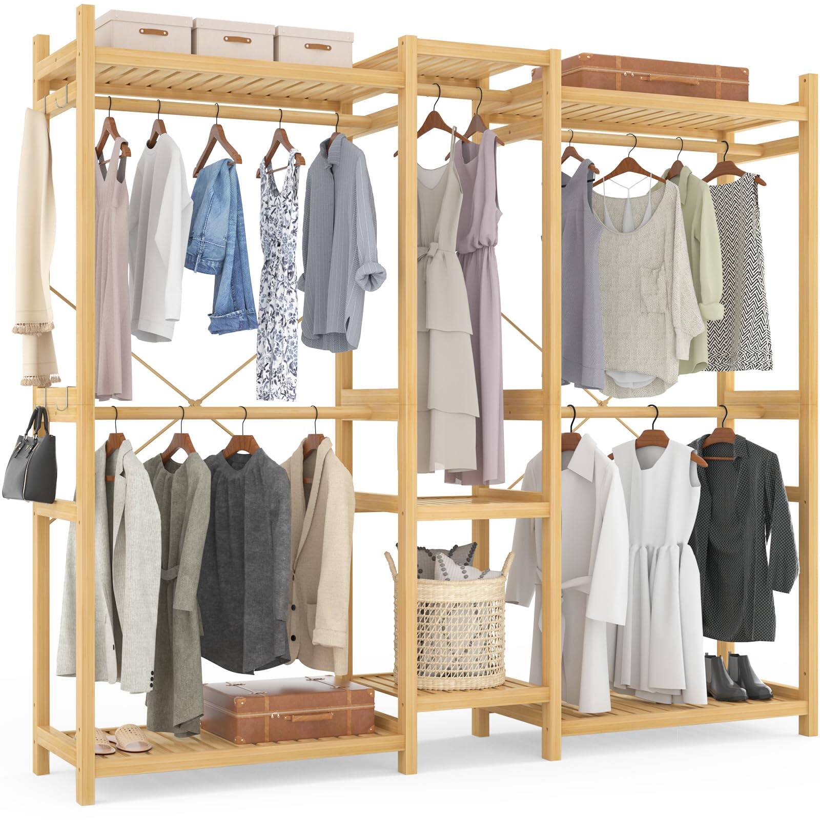 Angle. Aheaplus - Bamboo Large Freestanding Garment Rack - 7 Shelves, 5 Rods & 4 Hooks - Open Closet Organizer - Natural.