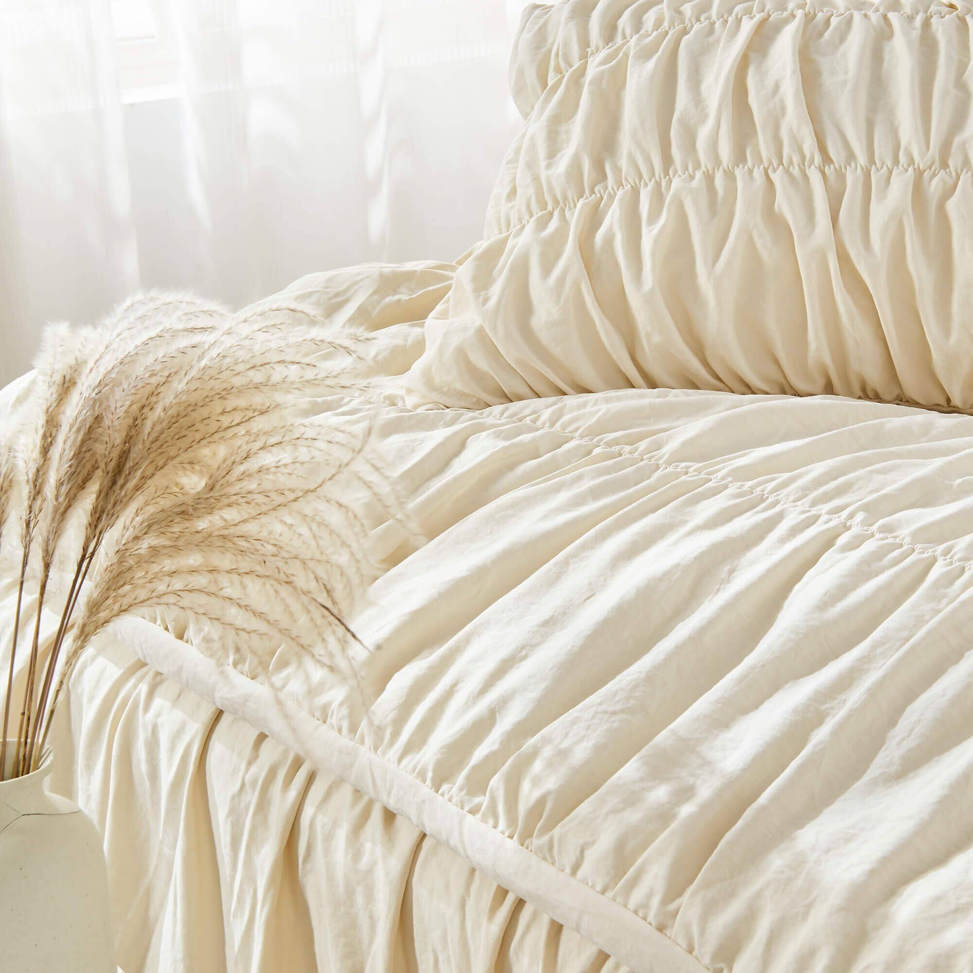 Back. Comfort Essence - Queen Comforter Set Ruched Size Bed Boho Shabby Chic Bedding For Bedroom Fluffy 3 Piece Ruffle With Pillow - Wheat-Oversized King.